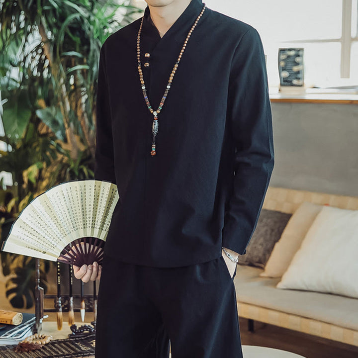 Conjunto de 2 piezas de camisa de algodón con Buddha Stones y pantalones hasta los tobillos con bolsillos para hombre. - image 15