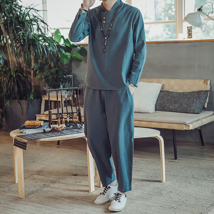 Conjunto de 2 piezas de camisa de algodón con Buddha Stones y pantalones hasta los tobillos con bolsillos para hombre. - image 21