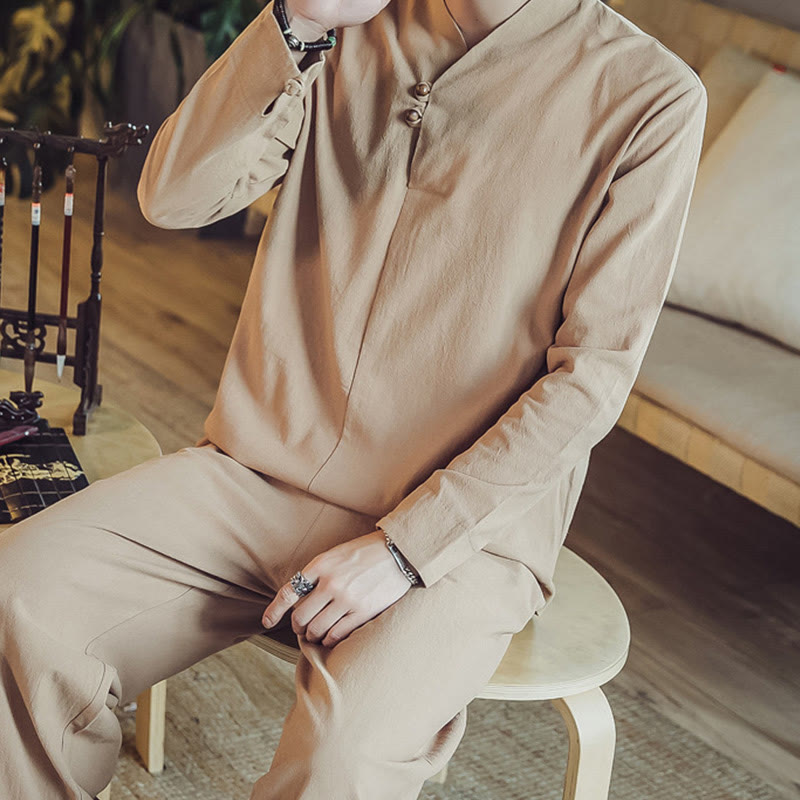 Conjunto de 2 piezas de camisa de algodón con Buddha Stones y pantalones hasta los tobillos con bolsillos para hombre. - image 32