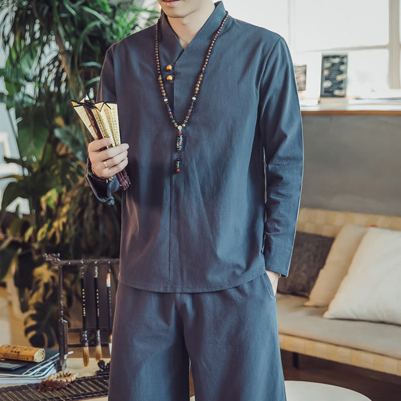 Conjunto de 2 piezas de camisa de algodón con Buddha Stones y pantalones hasta los tobillos con bolsillos para hombre. - image 42