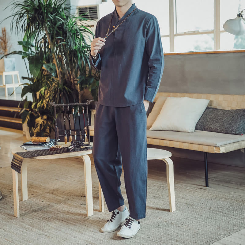 Conjunto de 2 piezas de camisa de algodón con Buddha Stones y pantalones hasta los tobillos con bolsillos para hombre. - image 36