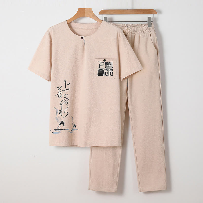 Conjunto de 2 piezas de camisa y pantalones de algodón con bolsillos y diseño de grullas con caracteres chinos de Buddha Stones y tela de meditación para hombre - Sopa de mariscos - US/UK/AU46, EU56 (5XL) - image 1