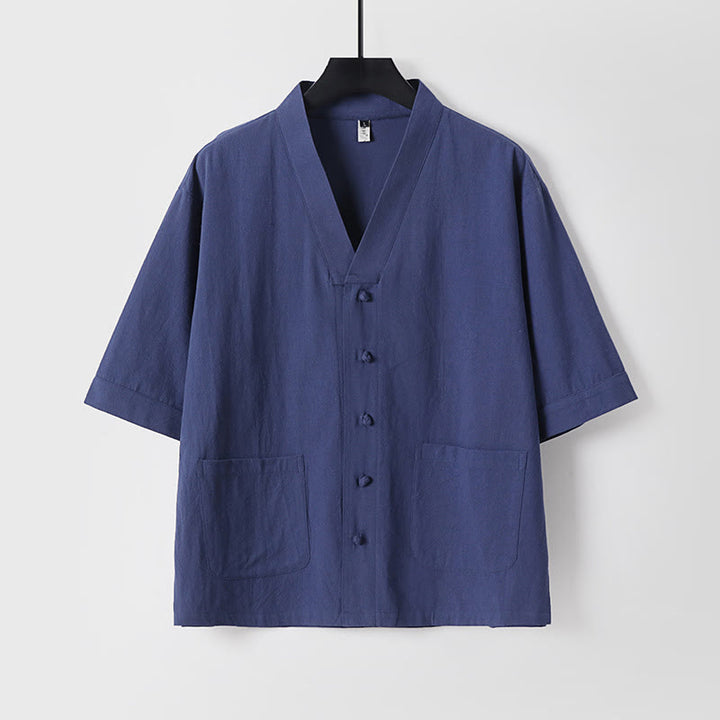 Conjunto de 2 piezas de camisa y pantalones de algodón con cuello en V y bolsillos para meditación de verano para hombre con Buddha Stones - image 19