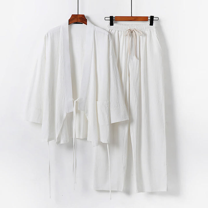 Conjunto de ropa de meditación para hombre: dos piezas, pantalón kimono de algodón y lino con cordones y bolsillos, estampado Buddha Stones. - Blanco - US/UK/AU54, EU64 (9XL) - image 1