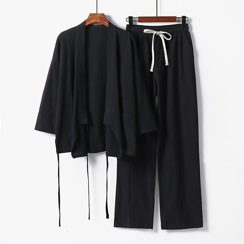 Conjunto de ropa de meditación para hombre: dos piezas, pantalón kimono de algodón y lino con cordones y bolsillos, estampado Buddha Stones. - Negro - US/UK/AU54, EU64 (9XL) - image 6