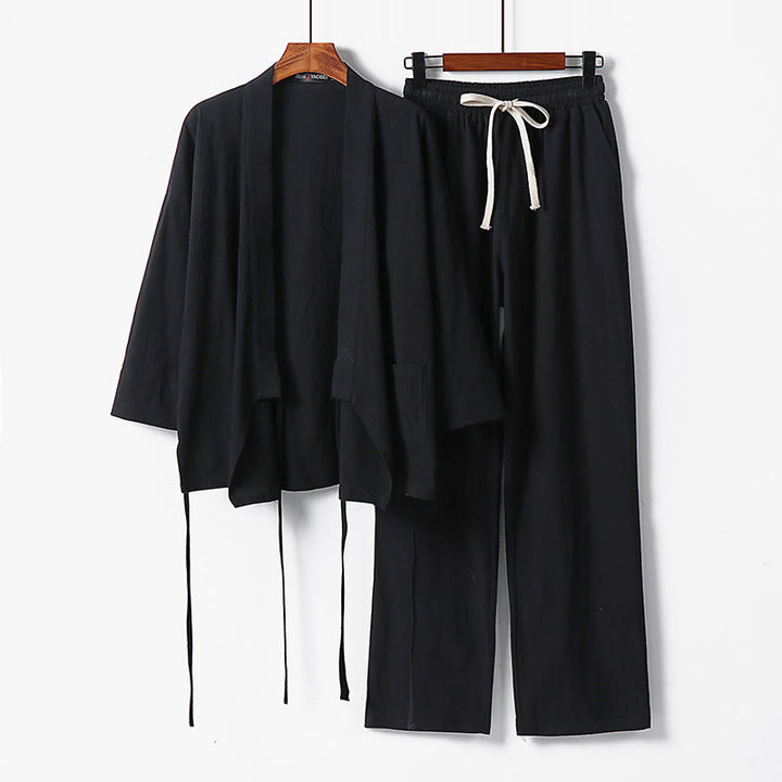 Conjunto de ropa de meditación para hombre: dos piezas, pantalón kimono de algodón y lino con cordones y bolsillos, estampado Buddha Stones. - Negro - US/UK/AU54, EU64 (9XL) - image 6