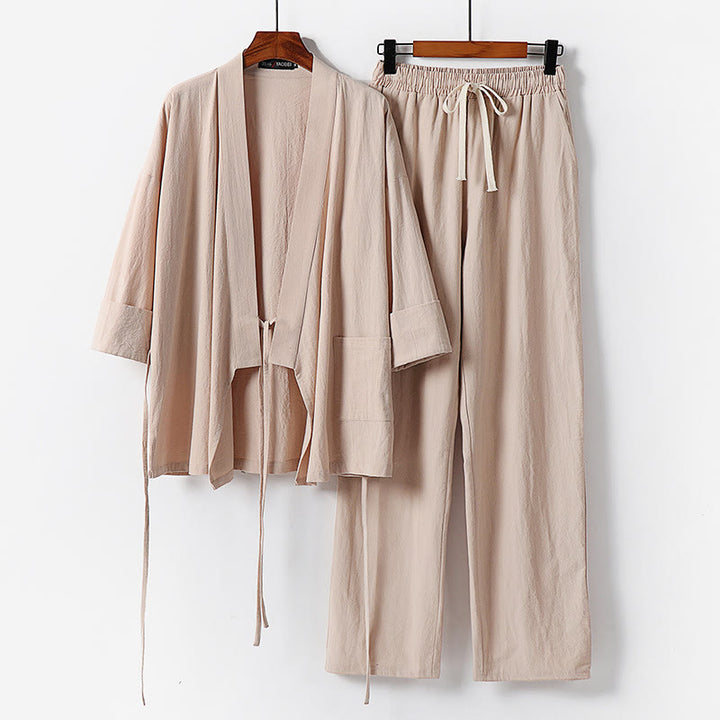 Conjunto de ropa de meditación para hombre: dos piezas, pantalón kimono de algodón y lino con cordones y bolsillos, estampado Buddha Stones. - Trigo - US/UK/AU54, EU64 (9XL) - image 9