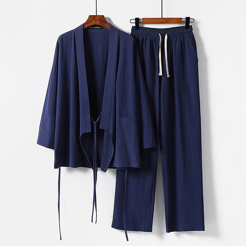 Conjunto de ropa de meditación para hombre: dos piezas, pantalón kimono de algodón y lino con cordones y bolsillos, estampado Buddha Stones. - Azul acero - US/UK/AU54, EU64 (9XL) - image 11