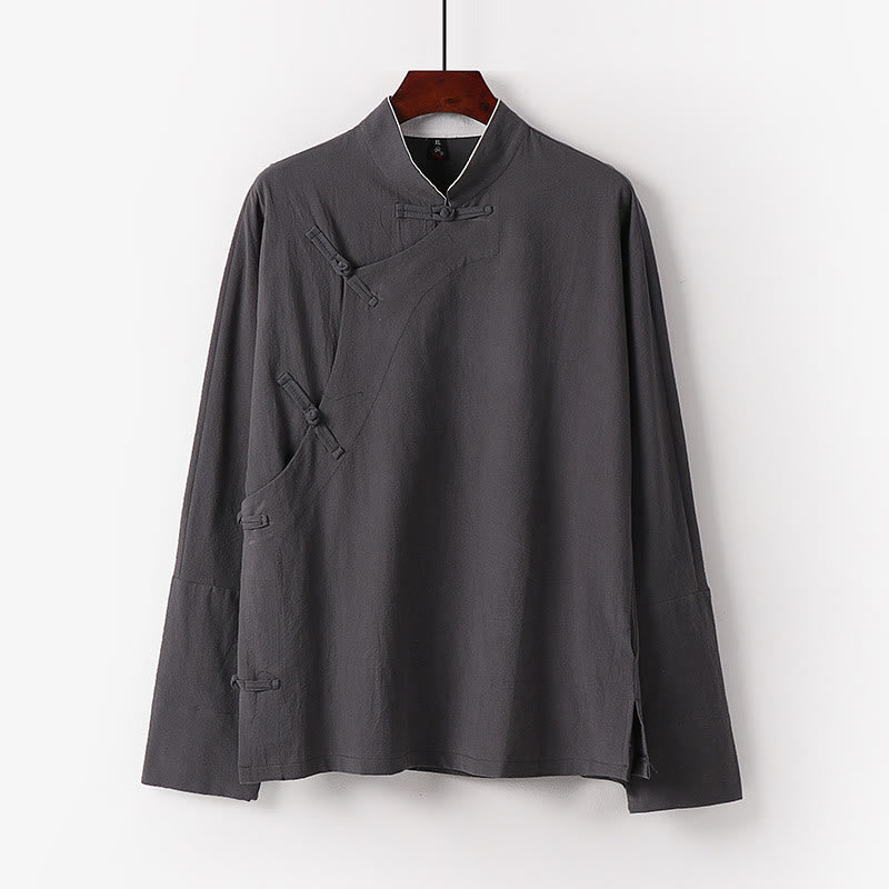 Camisa de algodón de manga larga para hombre, estilo vintage, con botones de rana y diseño chino con Buddha Stones - Gris claro - US/UK/AU50, EU60 (7XL) - image 3