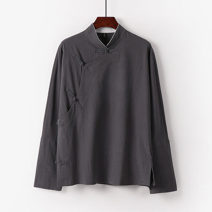 Camisa de algodón de manga larga para hombre, estilo vintage, con botones de rana y diseño chino con Buddha Stones - Gris claro - US/UK/AU50, EU60 (7XL) - image 3