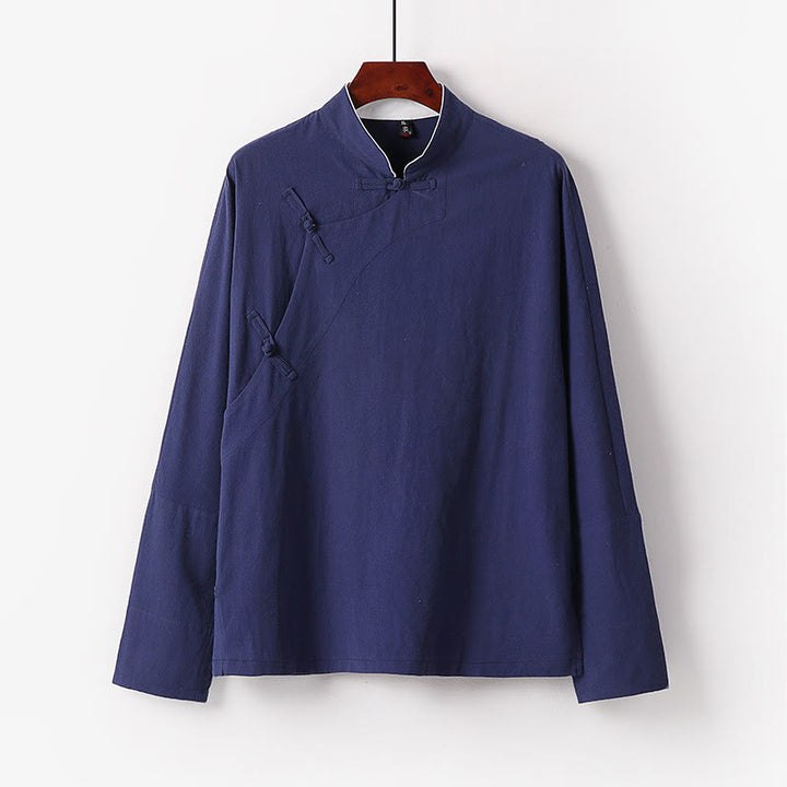 Camisa de algodón de manga larga para hombre, estilo vintage, con botones de rana y diseño chino con Buddha Stones - Azul acero - US/UK/AU50, EU60 (7XL) - image 1