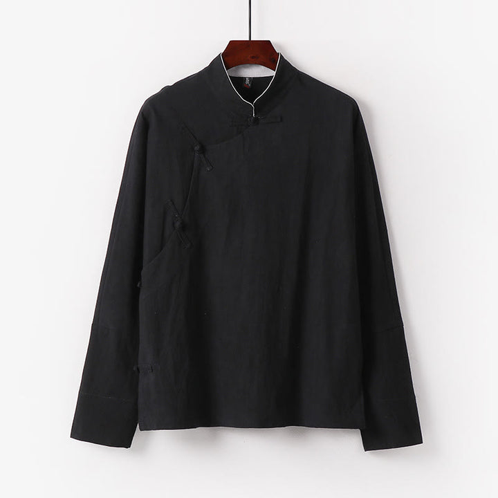 Camisa de algodón de manga larga para hombre, estilo vintage, con botones de rana y diseño chino con Buddha Stones - Negro - US/UK/AU50, EU60 (7XL) - image 3