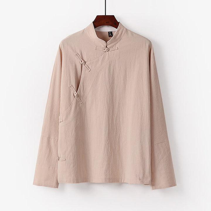Camisa de algodón de manga larga para hombre, estilo vintage, con botones de rana y diseño chino con Buddha Stones - Trigo - US/UK/AU50, EU60 (7XL) - image 5