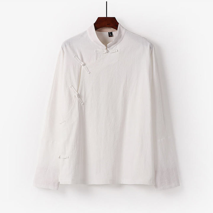 Camisa de algodón de manga larga para hombre, estilo vintage, con botones de rana y diseño chino con Buddha Stones - Blanco - US/UK/AU50, EU60 (7XL) - image 2