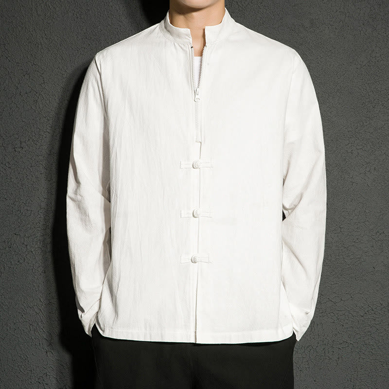 Camisa de algodón de manga larga para hombre con Buddha Stones , cierre liso y botones de rana chinos - Blanco - US/UK/AU46, EU56 (5XL) - image 9