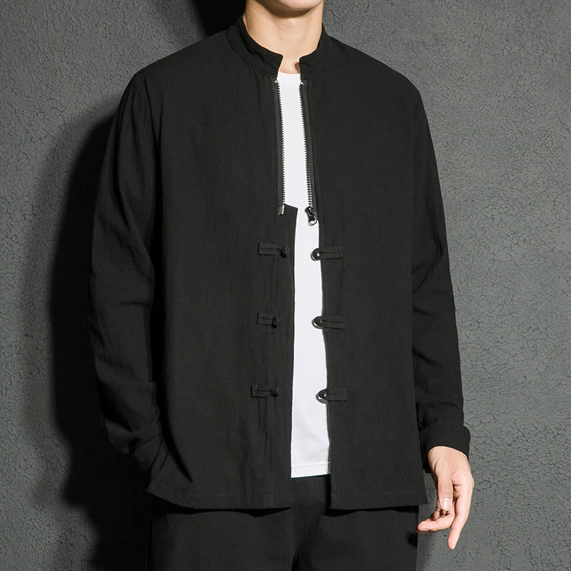 Camisa de algodón de manga larga para hombre con Buddha Stones , cierre liso y botones de rana chinos - image 1