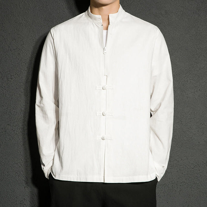 Camisa de algodón de manga larga para hombre con Buddha Stones , cierre liso y botones de rana chinos - Blanco - US/UK/AU46, EU56 (5XL) - image 8