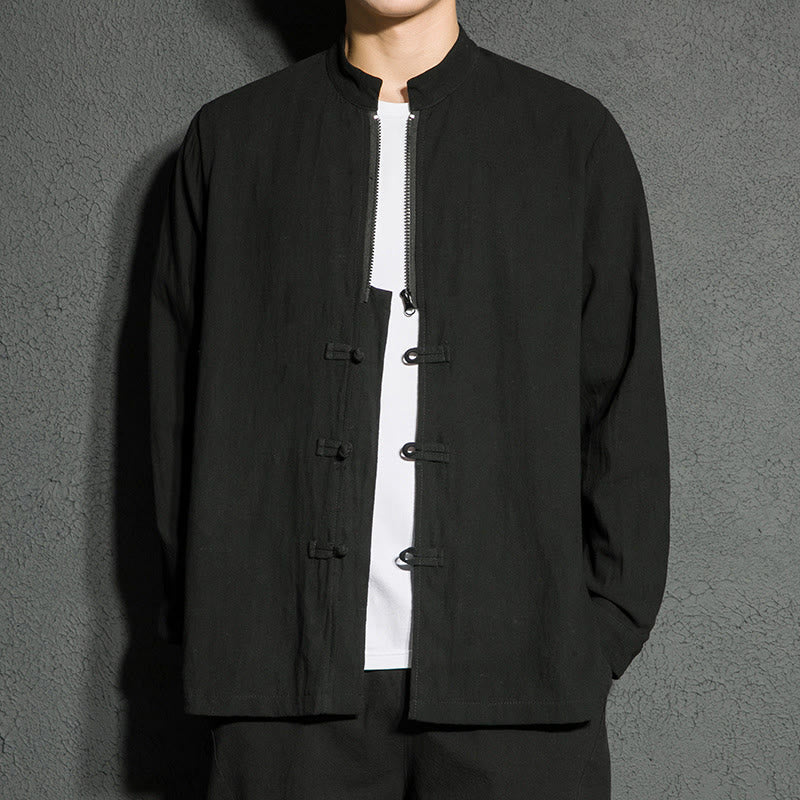 Camisa de algodón de manga larga para hombre con Buddha Stones , cierre liso y botones de rana chinos - image 4
