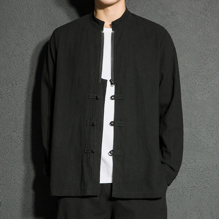 Camisa de algodón de manga larga para hombre con Buddha Stones , cierre liso y botones de rana chinos - image 4