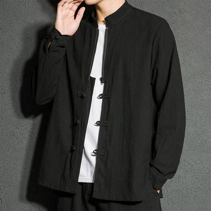 Camisa de algodón de manga larga para hombre con Buddha Stones , cierre liso y botones de rana chinos - Negro - US/UK/AU46, EU56 (5XL) - image 1