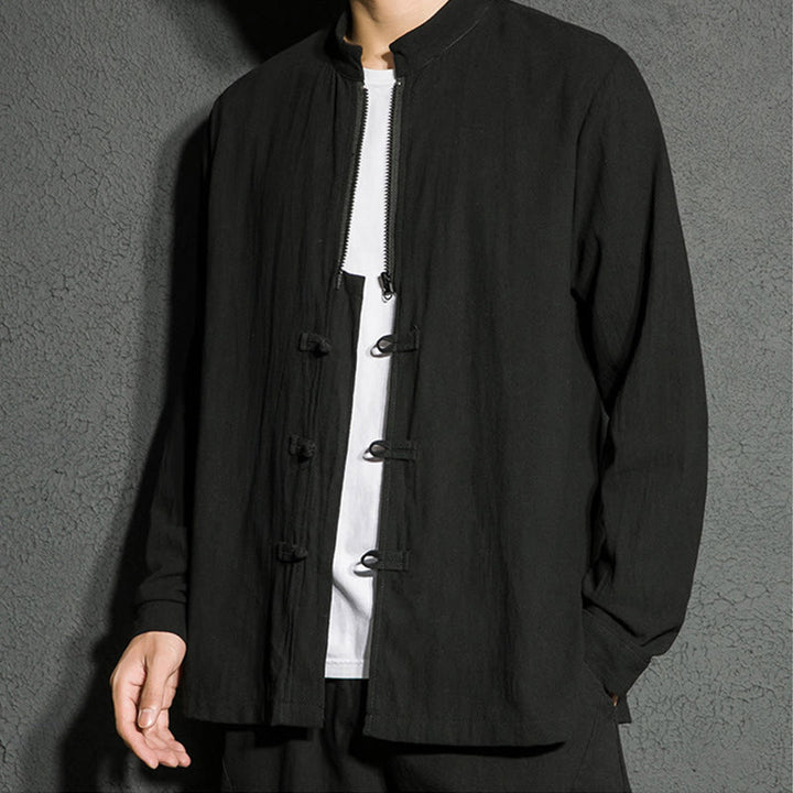 Camisa de algodón de manga larga para hombre con Buddha Stones , cierre liso y botones de rana chinos - image 5