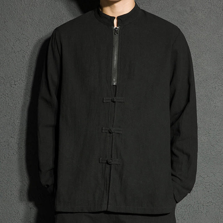 Camisa de algodón de manga larga para hombre con Buddha Stones , cierre liso y botones de rana chinos - image 4