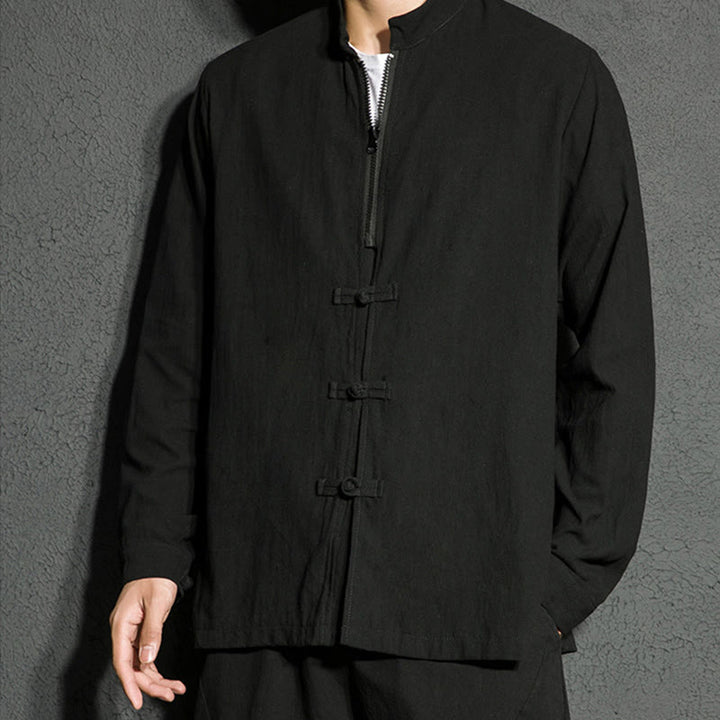 Camisa de algodón de manga larga para hombre con Buddha Stones , cierre liso y botones de rana chinos - image 7