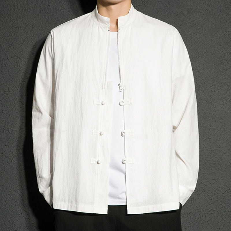 Camisa de algodón de manga larga para hombre con Buddha Stones , cierre liso y botones de rana chinos - image 14