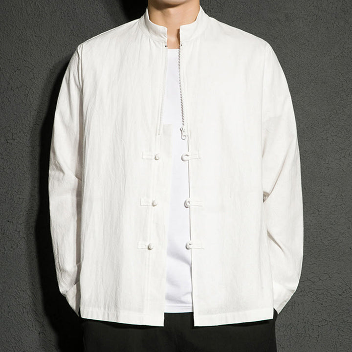 Camisa de algodón de manga larga para hombre con Buddha Stones , cierre liso y botones de rana chinos - image 14
