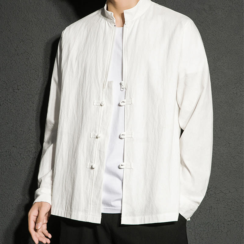 Camisa de algodón de manga larga para hombre con Buddha Stones , cierre liso y botones de rana chinos - image 15