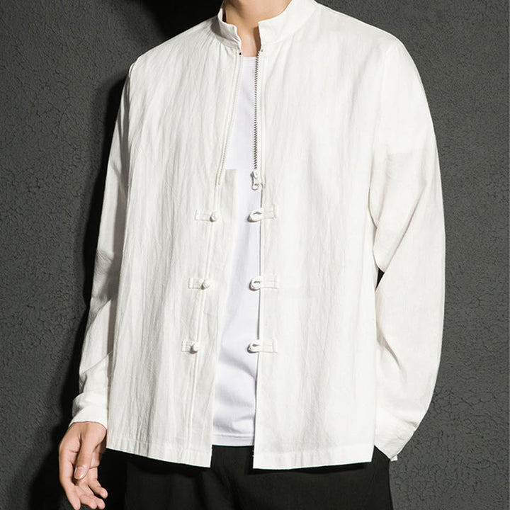 Camisa de algodón de manga larga para hombre con Buddha Stones , cierre liso y botones de rana chinos - image 15