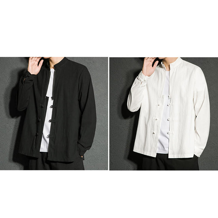 Camisa de algodón de manga larga para hombre con Buddha Stones , cierre liso y botones de rana chinos - image 16