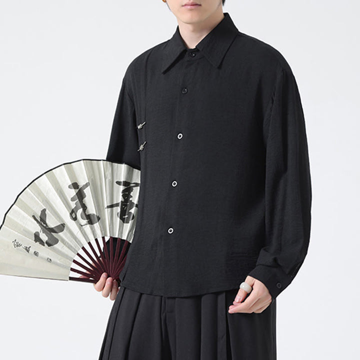 Camisa de algodón de manga larga con cuello alto y botones lisos para hombre Buddha Stones - image 25