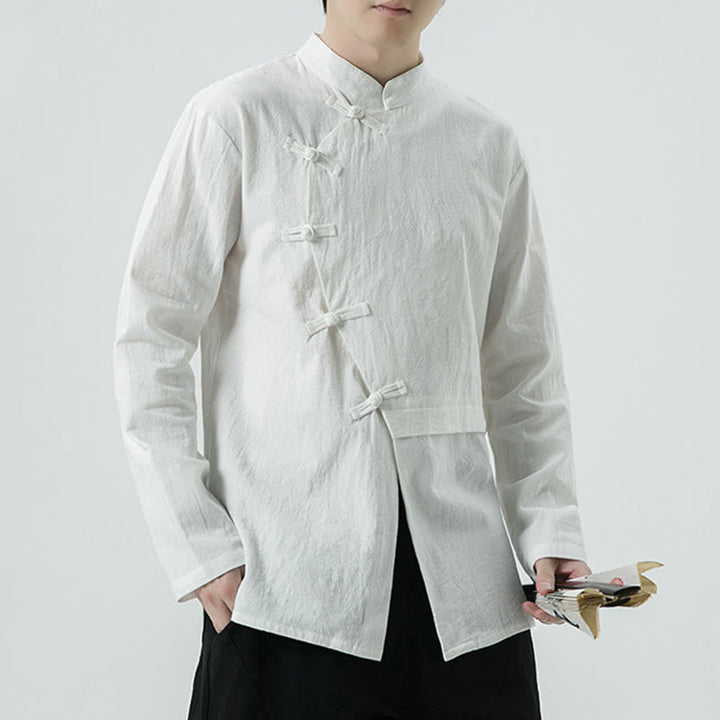 Camisa de algodón de manga larga para hombre con botones de rana y diseño vintage de Buddha Stones - Blanco - US/UK/AU46, EU56 (5XL) - image 1