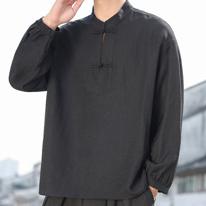Camisa de algodón de manga larga con cuello alto y dos botones de rana para hombre con Buddha Stones - Negro - US/UK/AU48，EU58(5XL) - image 1