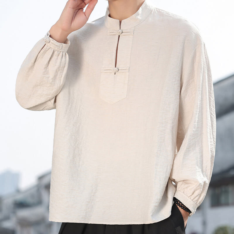 Camisa de algodón de manga larga con cuello alto y dos botones de rana para hombre con Buddha Stones - Lino - US/UK/AU48，EU58(5XL) - image 11