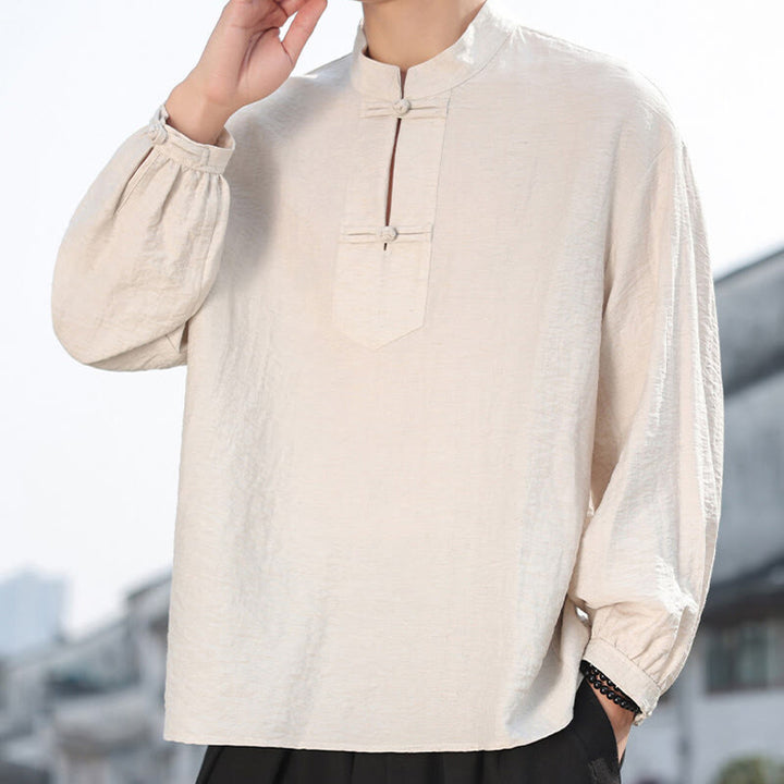 Camisa de algodón de manga larga con cuello alto y dos botones de rana para hombre con Buddha Stones - Lino - US/UK/AU48，EU58(5XL) - image 11