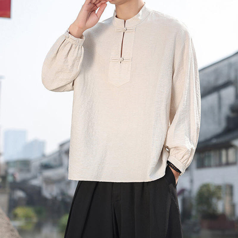 Camisa de algodón de manga larga con cuello alto y dos botones de rana para hombre con Buddha Stones - image 15