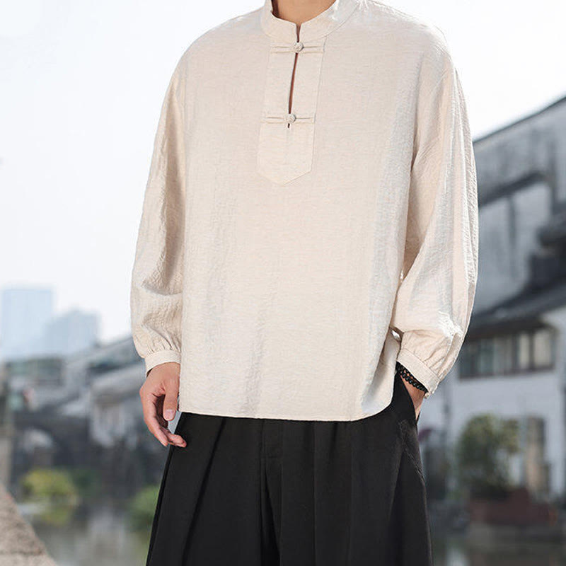 Camisa de algodón de manga larga con cuello alto y dos botones de rana para hombre con Buddha Stones - image 17