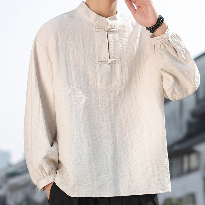 Camisa de algodón de manga larga con cuello alto y dos botones de rana para hombre con Buddha Stones - image 11
