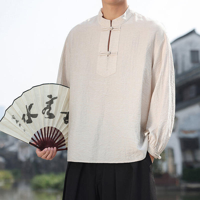 Camisa de algodón de manga larga con cuello alto y dos botones de rana para hombre con Buddha Stones - image 14