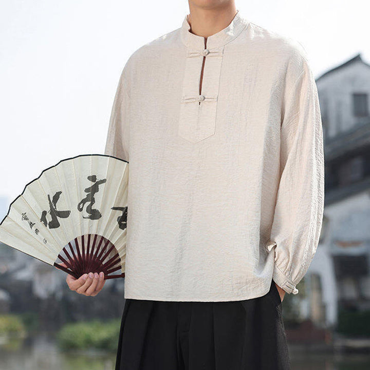 Camisa de algodón de manga larga con cuello alto y dos botones de rana para hombre con Buddha Stones - image 14