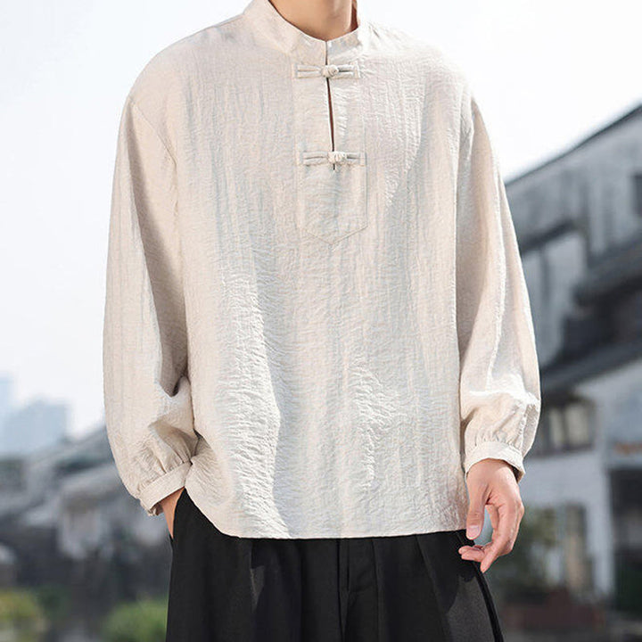 Camisa de algodón de manga larga con cuello alto y dos botones de rana para hombre con Buddha Stones - image 17