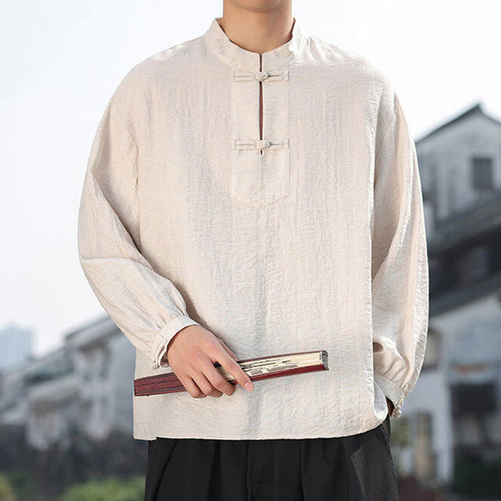 Camisa de algodón de manga larga con cuello alto y dos botones de rana para hombre con Buddha Stones - image 19