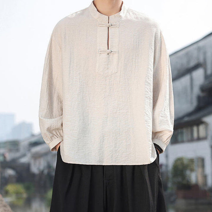 Camisa de algodón de manga larga con cuello alto y dos botones de rana para hombre con Buddha Stones - image 16