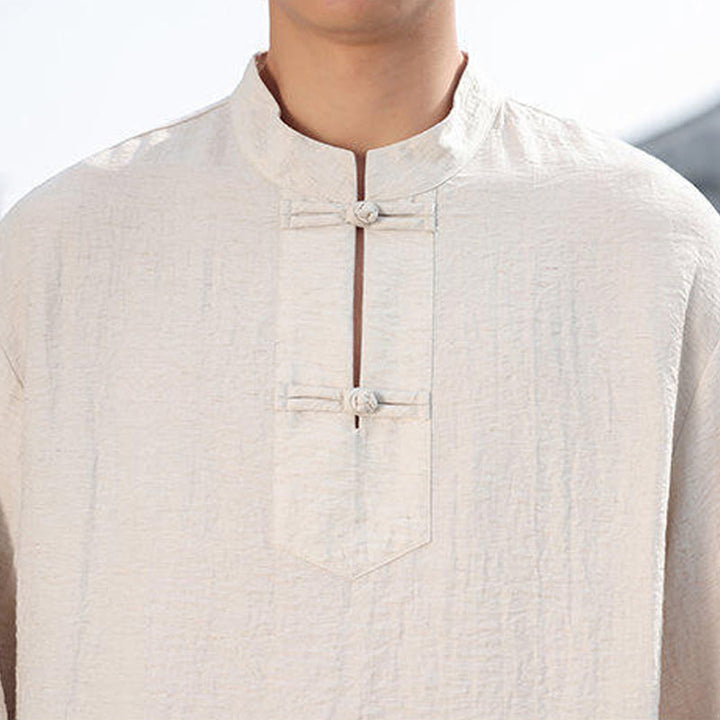 Camisa de algodón de manga larga con cuello alto y dos botones de rana para hombre con Buddha Stones - image 21