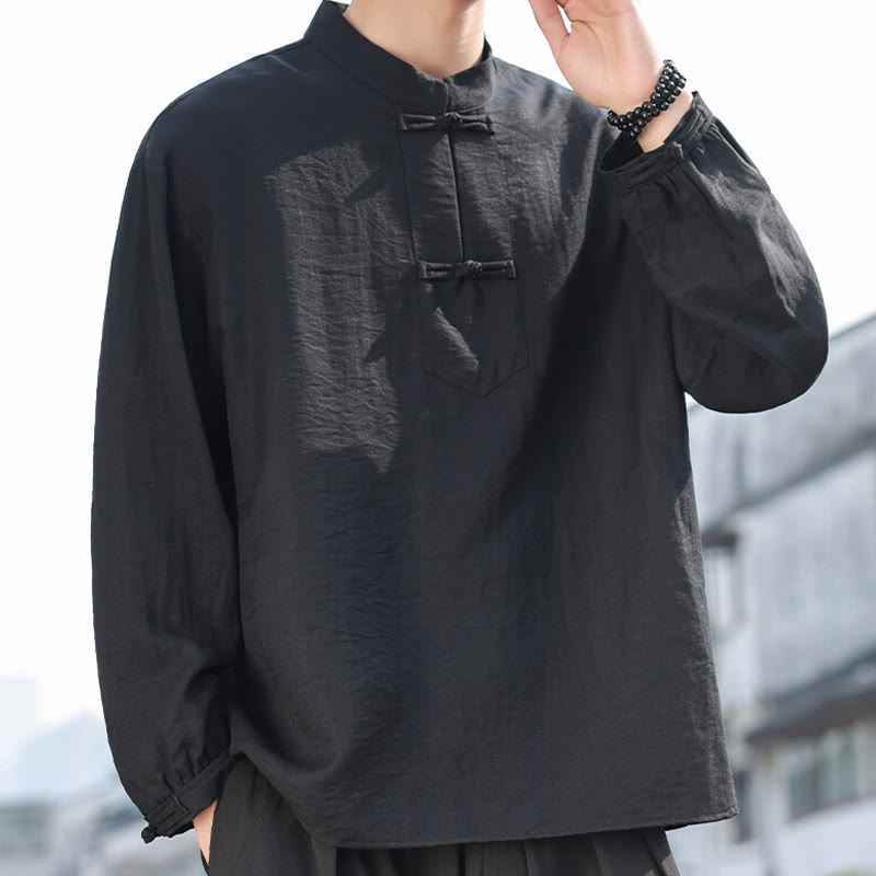 Camisa de algodón de manga larga con cuello alto y dos botones de rana para hombre con Buddha Stones - image 1
