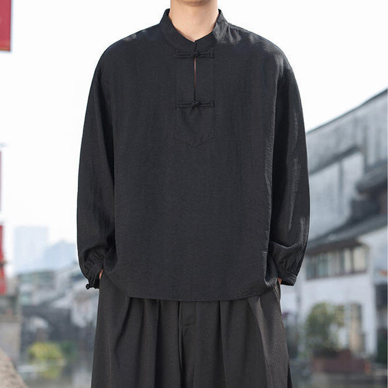 Camisa de algodón de manga larga con cuello alto y dos botones de rana para hombre con Buddha Stones - image 5