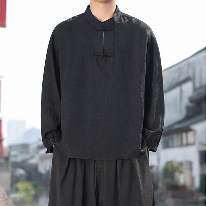 Camisa de algodón de manga larga con cuello alto y dos botones de rana para hombre con Buddha Stones - image 5