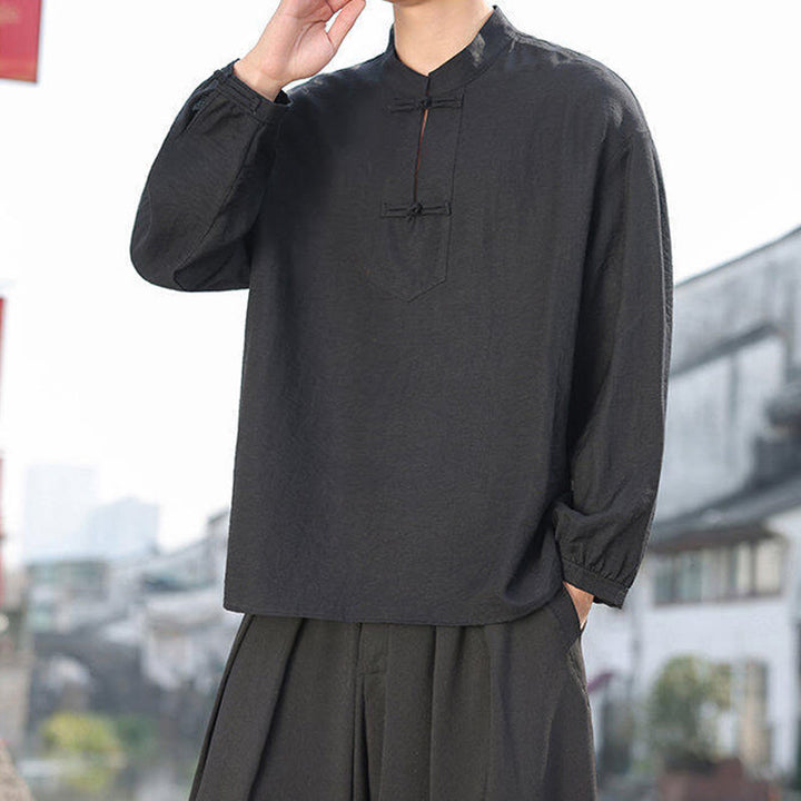 Camisa de algodón de manga larga con cuello alto y dos botones de rana para hombre con Buddha Stones - image 4